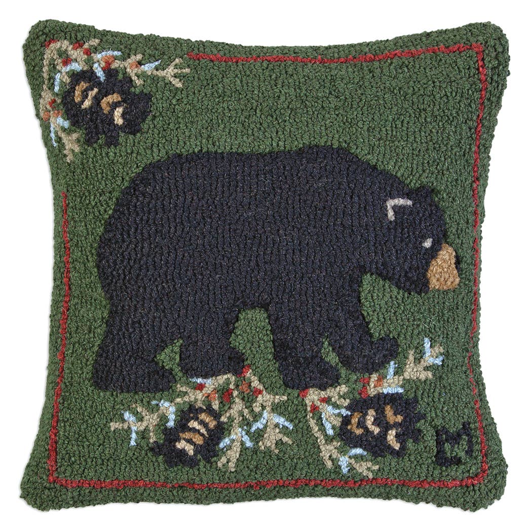Black Bear Hand-Hooked Wool Pillow