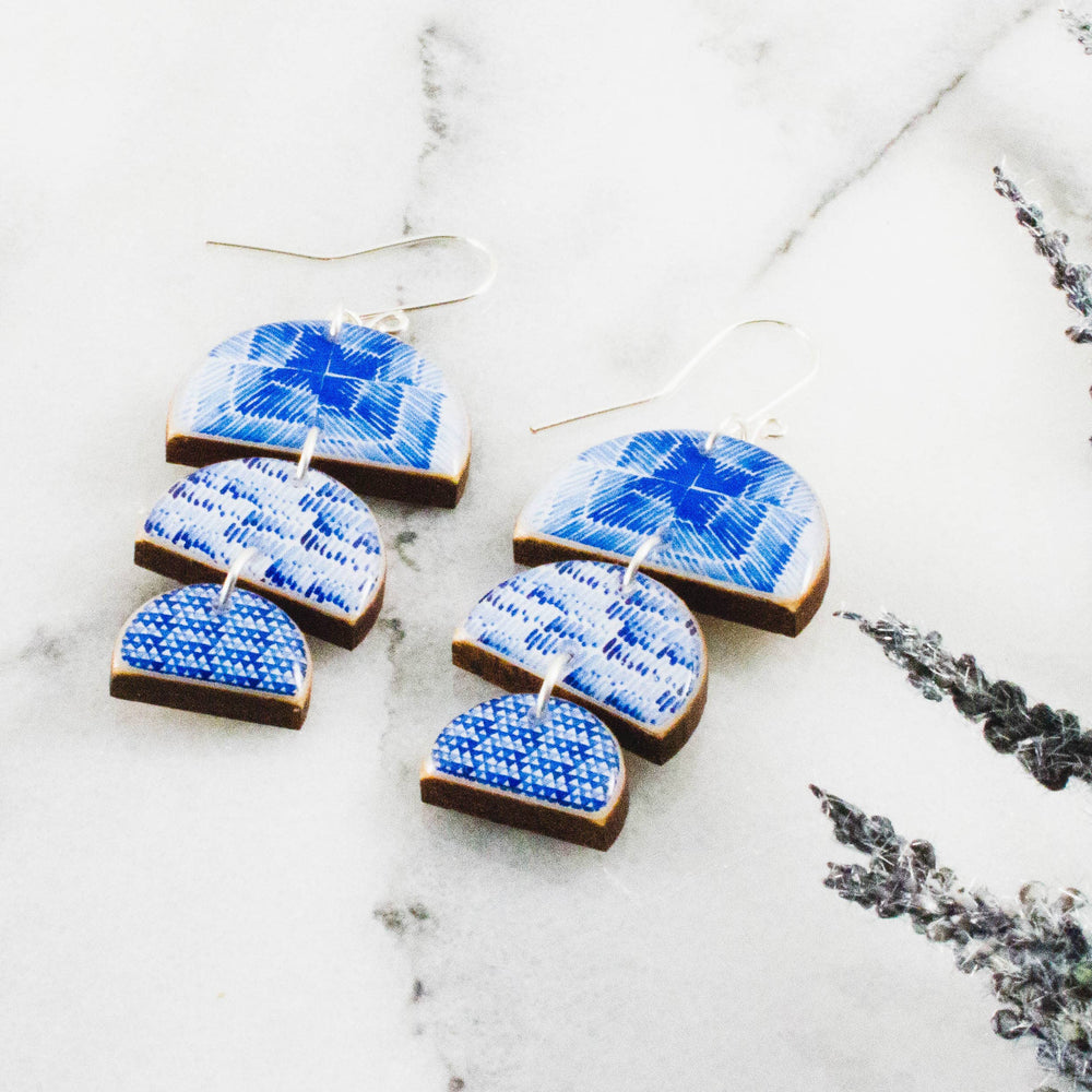 Blue and White Triple Half Circle Earrings