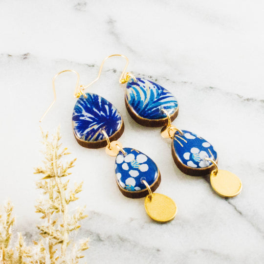 Blue and Gold Triple Raindrop Earrings