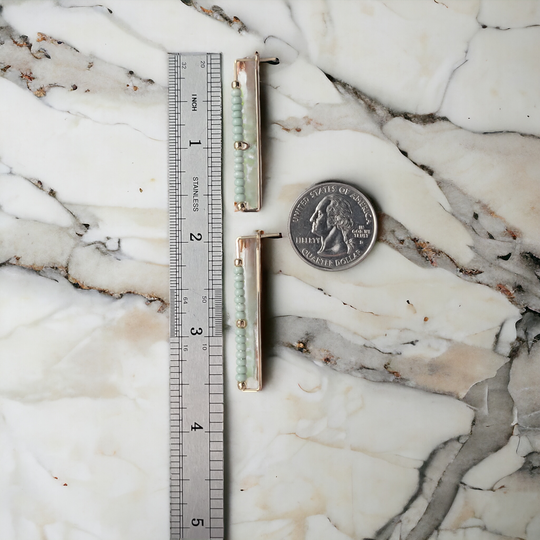 Gold Rectangle Earrings with Mint Green Beads