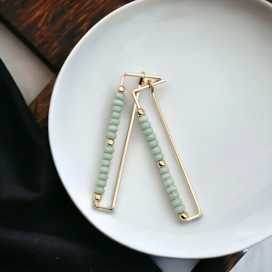 Gold Rectangle Earrings with Mint Green Beads