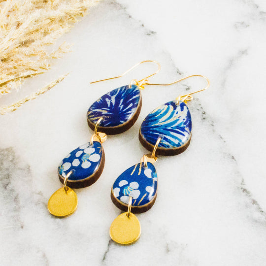 Blue and Gold Triple Raindrop Earrings