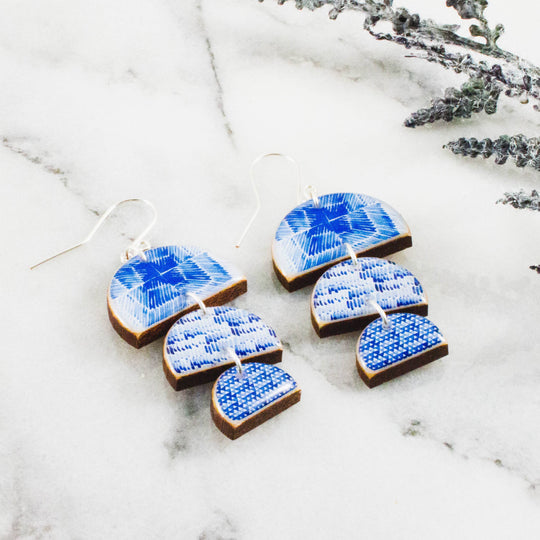 Blue and White Triple Half Circle Earrings