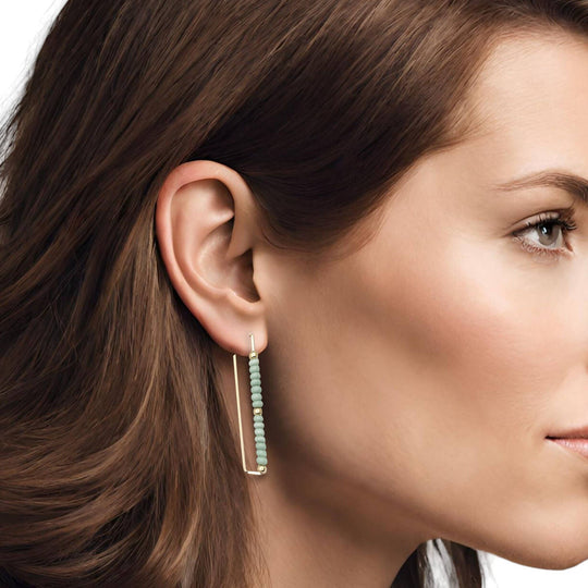 Gold Rectangle Earrings with Mint Green Beads