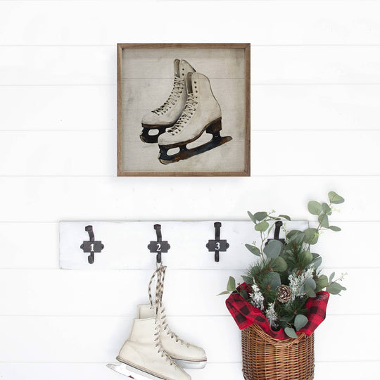 White Ice Skates Wooden Sign