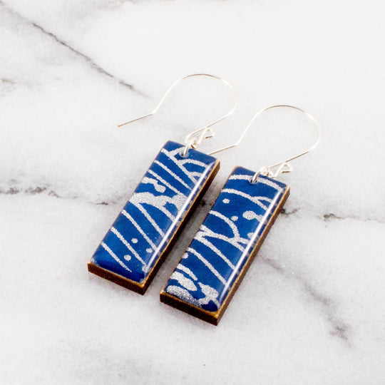 Blue + Silver Wave Rectangle Earrings