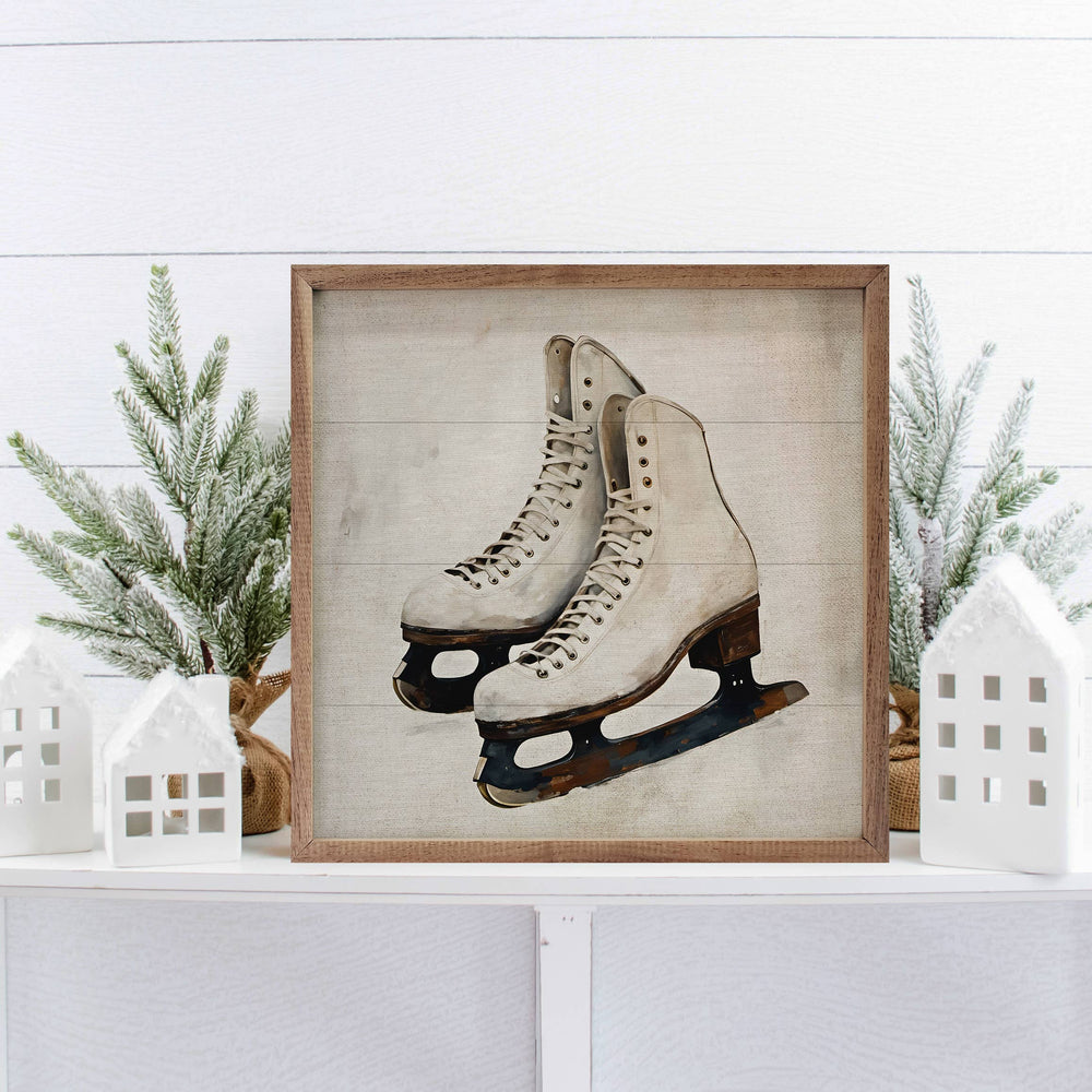 White Ice Skates Wooden Sign